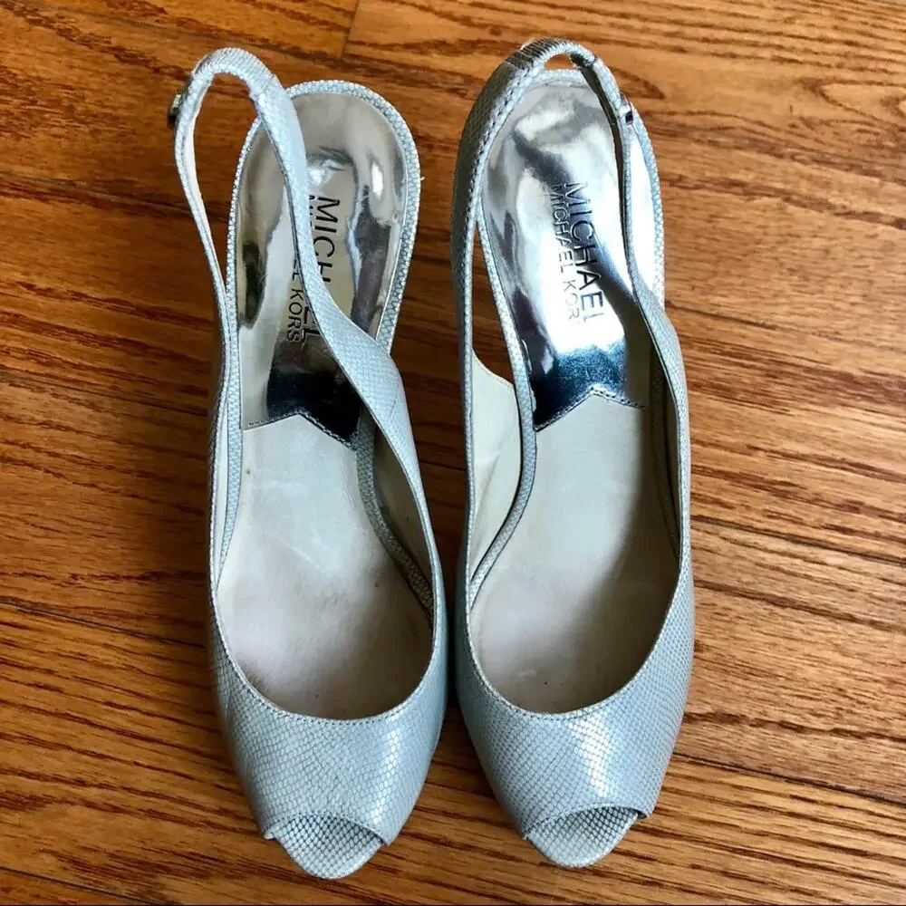 Michael Kors Metallic White Leather York Sling Back Platform Heels Size 7.5